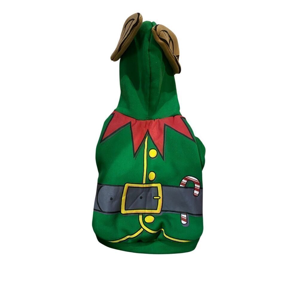 Green pet sweater, Christmas elf who did dog costume so small